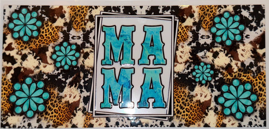 Western Mama UV DTF Cup Wrap | Turquoise Cow Print Glass Can Transfer | Leopard Mama 16oz Cup Decal | Rustic Mama Wrap