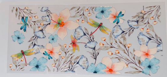 Watercolor Floral UV DTF Cup Wrap | Dragonfly Garden Glass Can Transfer | Soft Vintage Floral 16oz Cup Decal | Aesthetic Wrap